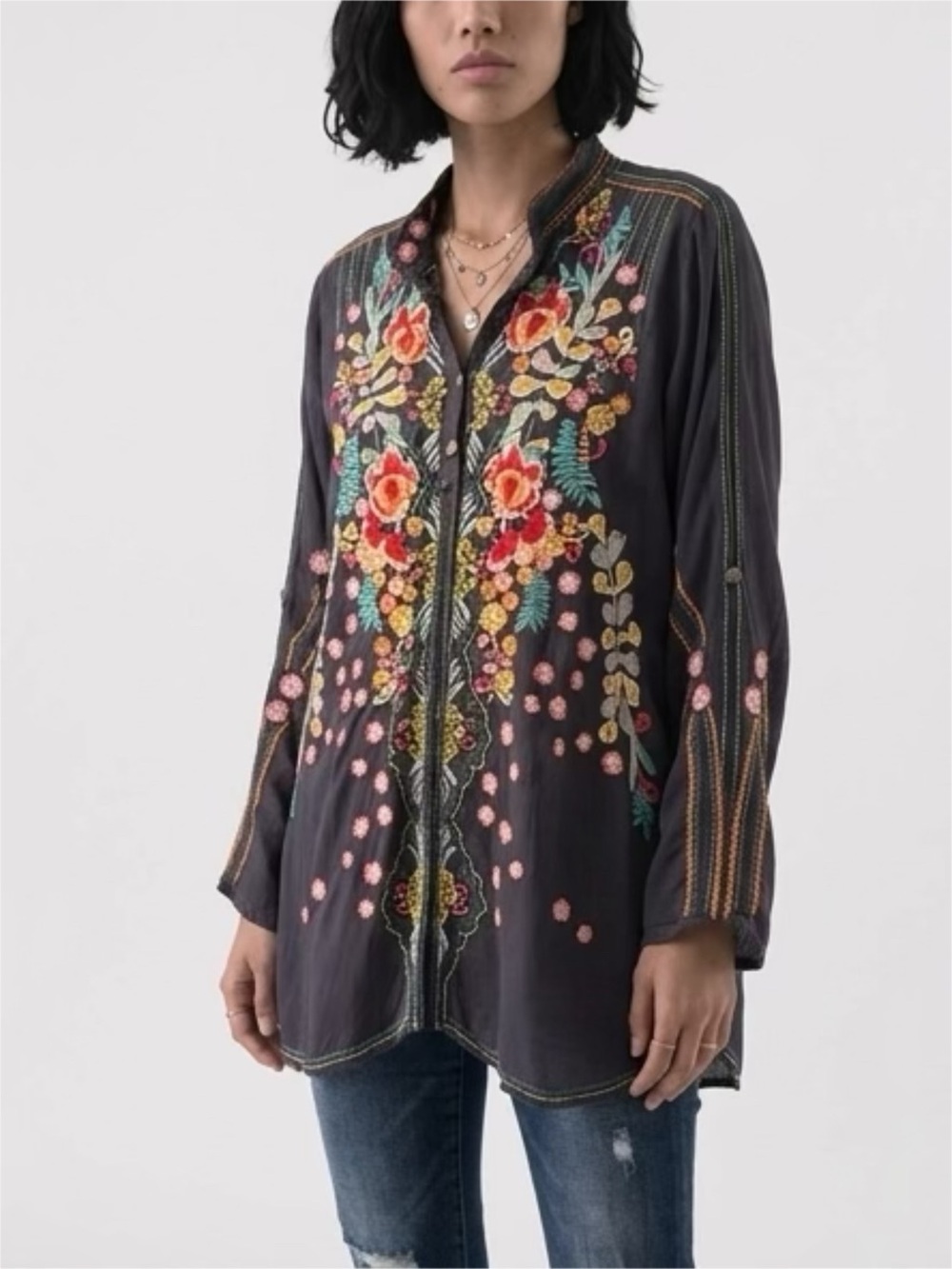 Johnny Was Navy Embroidered Jacket with Multicolor Floral Stitching